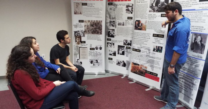 Dan Shahar (right) does a trial lecture for fellow exhibit leaders (from left) Adi Goldberg, Hila Huber and Ross Weisman. Photo by Amishai Gottlieb.